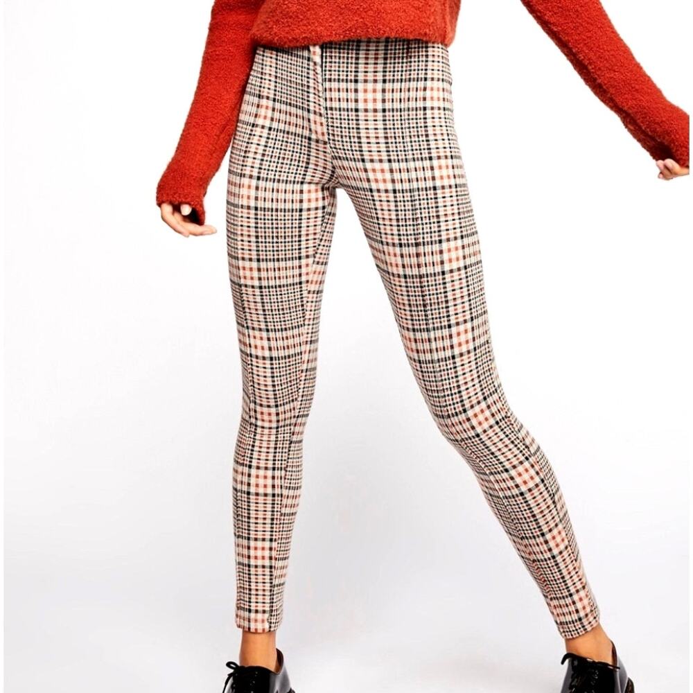 Free People Carnaby Plaid Pant Brown Cream Orange Stretch Legging Check Sz 0